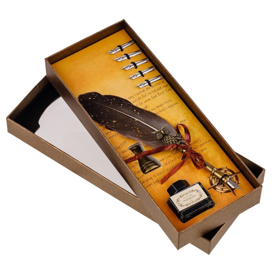 Set caligrafie cu pană gri și călimară  - Set Elegant pentru Scris Clasic
