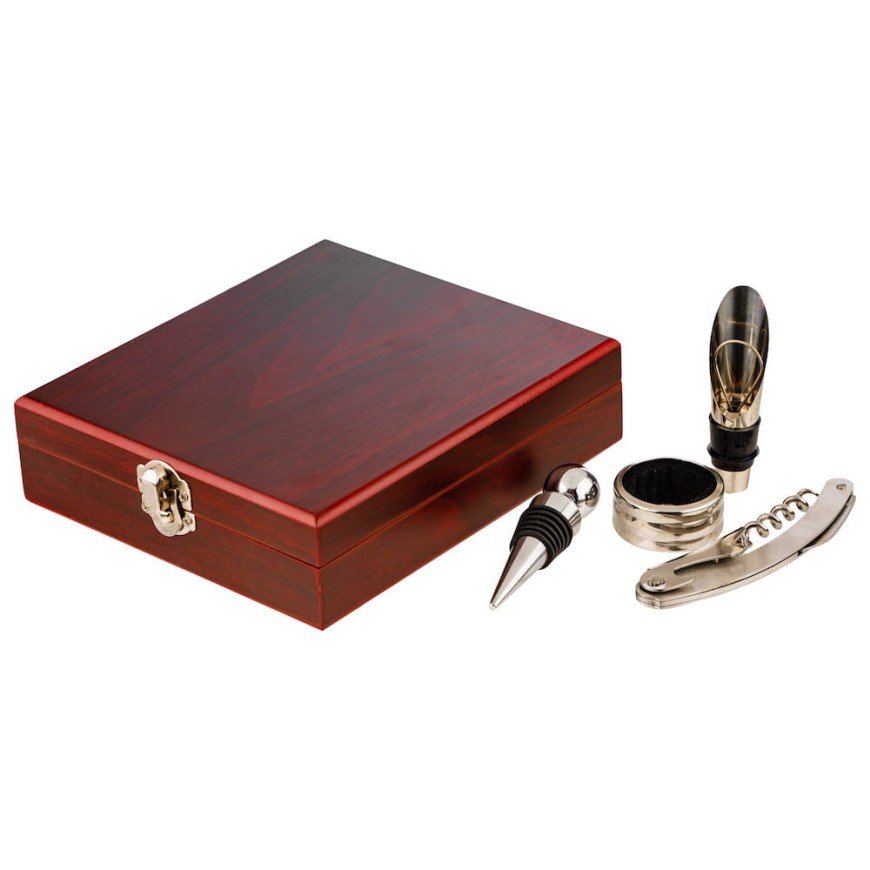 Set vin în cutie din lemn – 4 accesorii